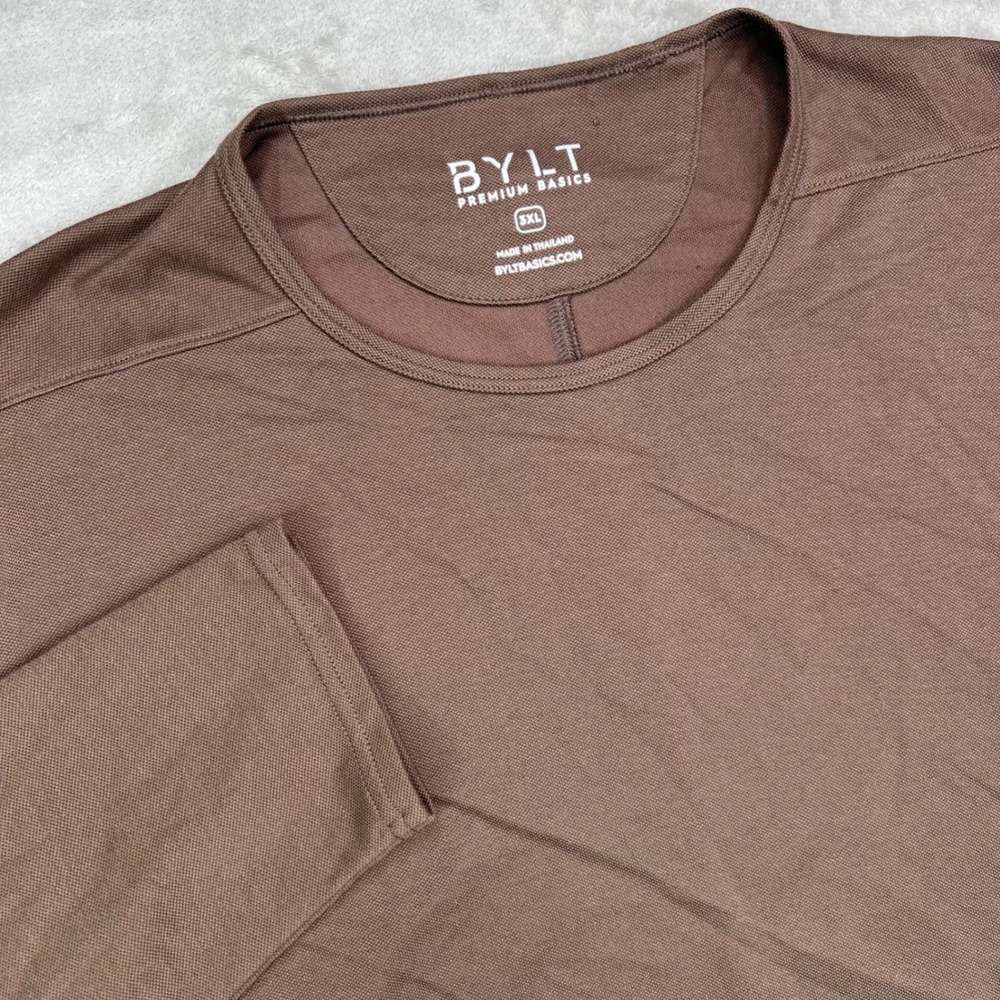 BYLT Premium Basics Drop Cut Shirt Mens 3XL‎ Brown Solid Long Sleeve Curved Hem